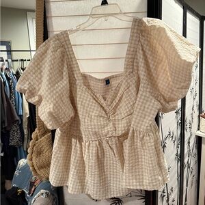 Old Navy Beige Checkered Puff Sleeve Blouse, 3x